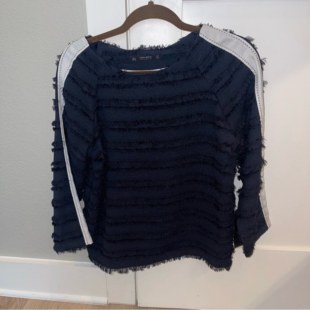 Zara Fringe Long Sleeve Black and White Top Small